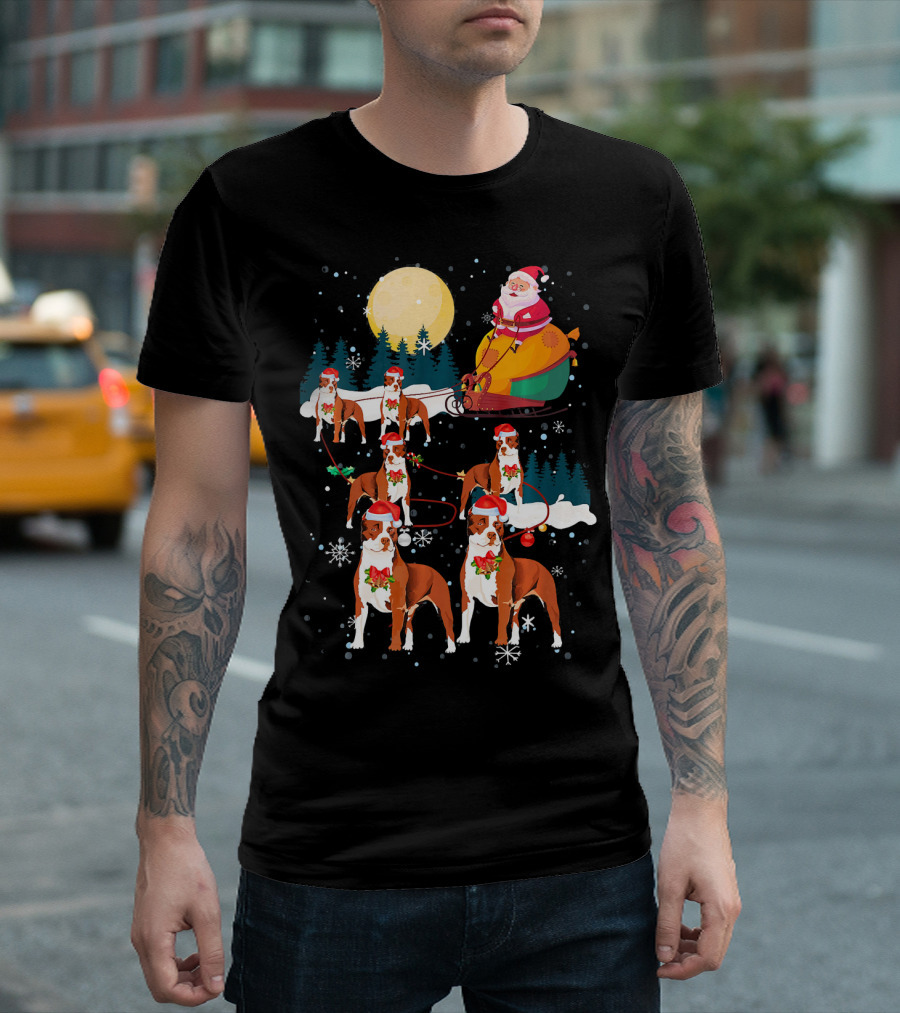 Santa Claus Sled With Pit Bull Reindeer And Christmas Snowflakes T-Shirt