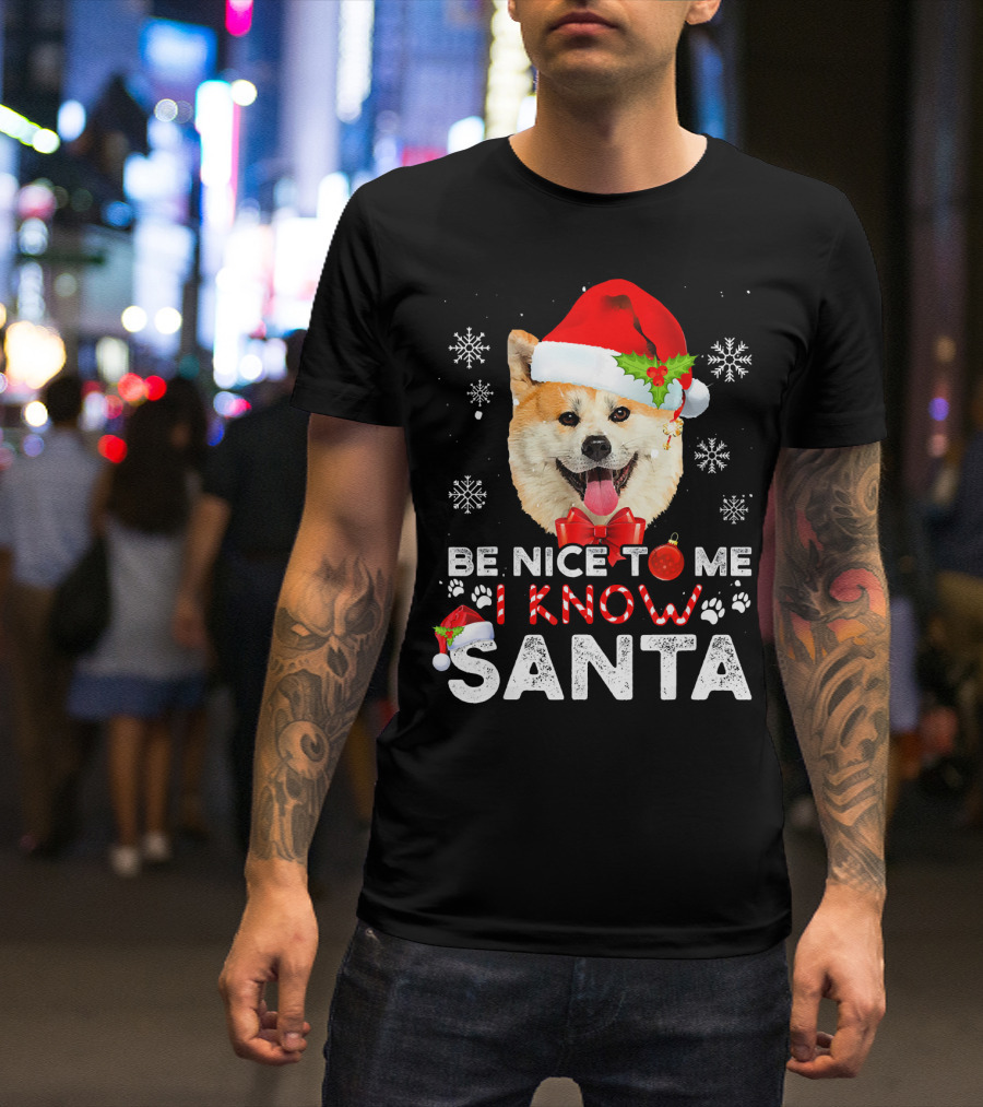 Be Nice To Me I Know Santa Akita Snowflakes Christmas Hat T-Shirt