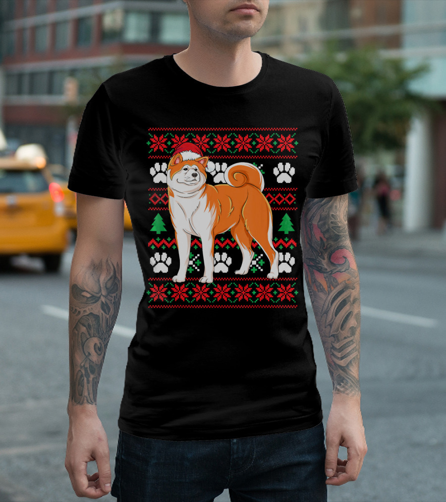 Akita Ugly Christmas Sweater Santa Hat Paw Prints Snowflakes Green Trees T-Shirt