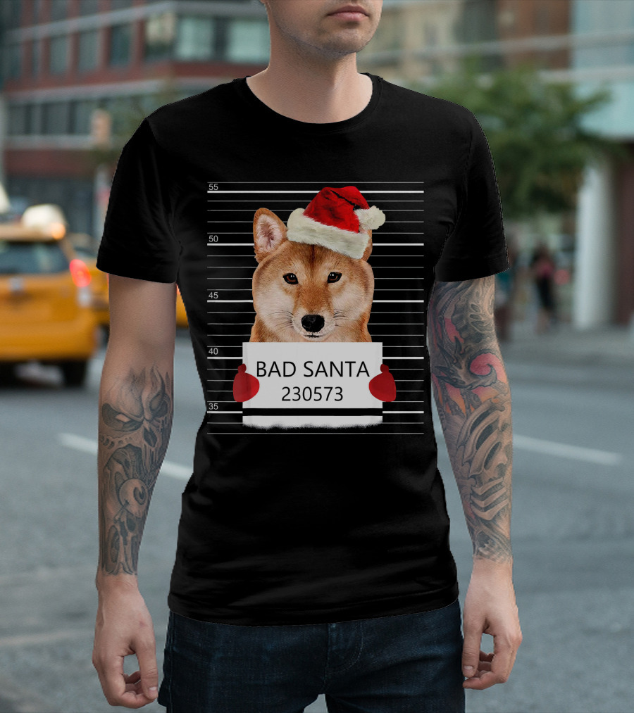 Bad Santa Akita Mugshot Christmas Hat T-Shirt