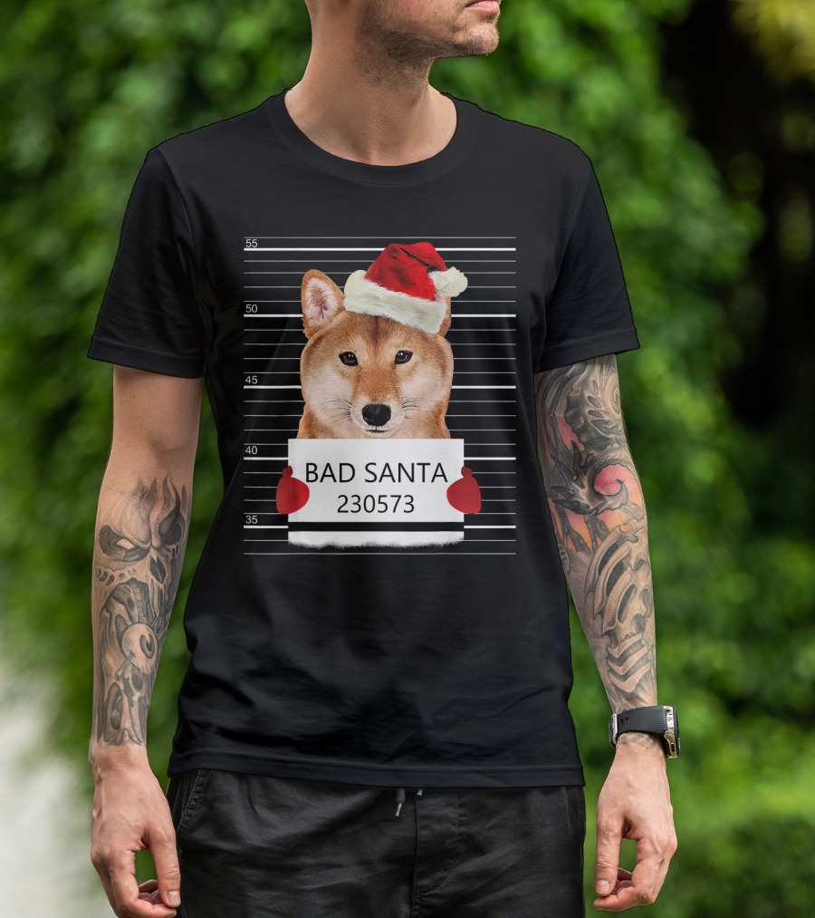 Bad Santa Akita Mugshot Christmas Hat T-Shirt