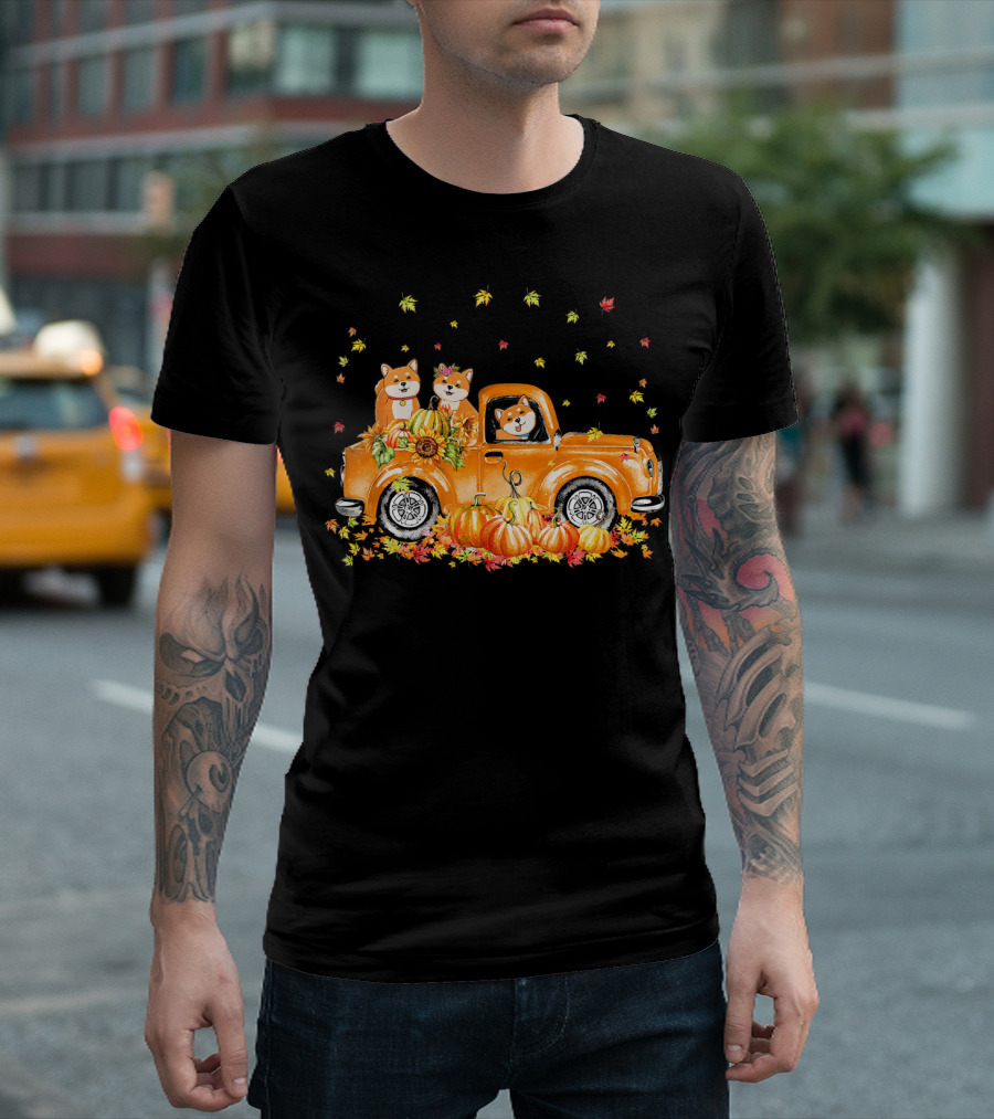 Akita Inu in Vintage Truck with Pumpkins and Autumn Leaves T-Shirt