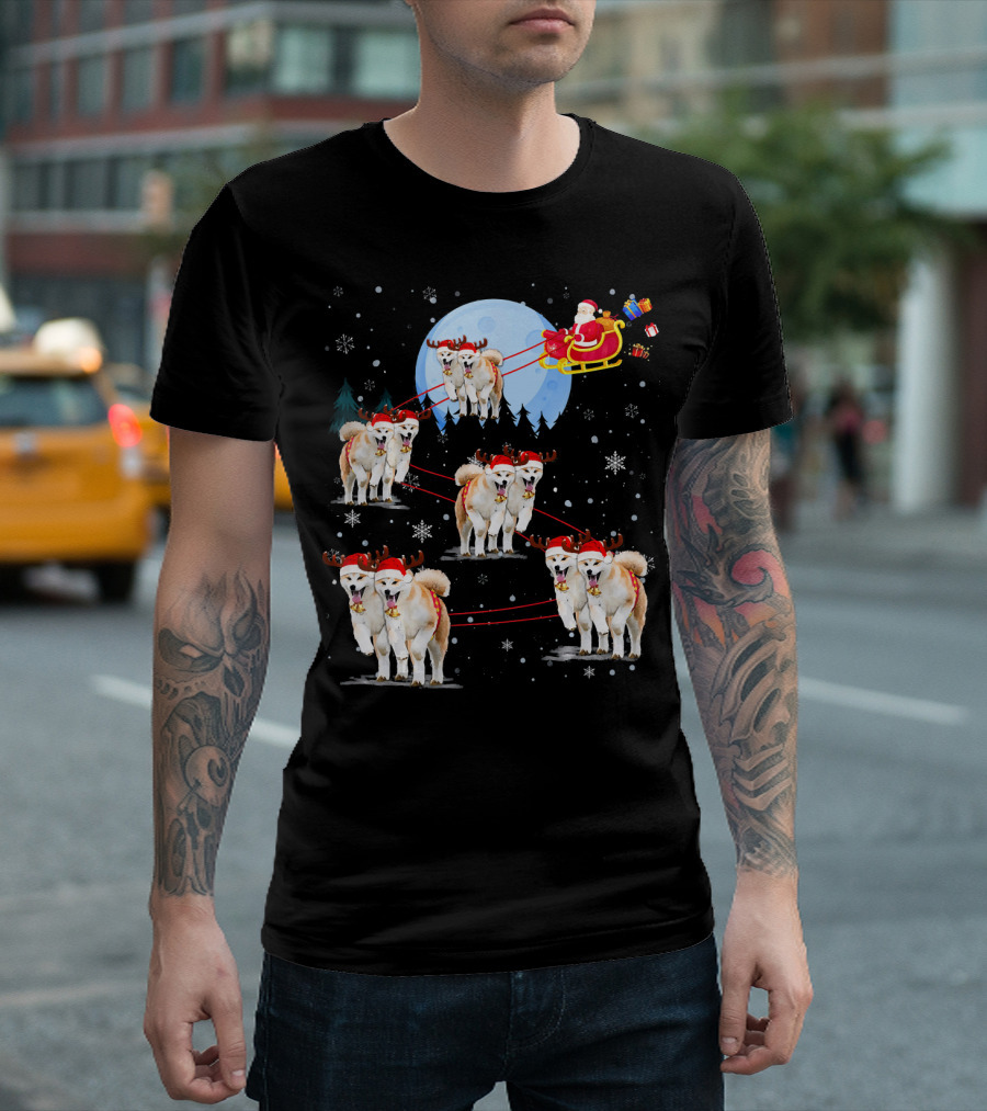 Akita Reindeer Santa Sleigh Under Moonlight Christmas Scene T-Shirt