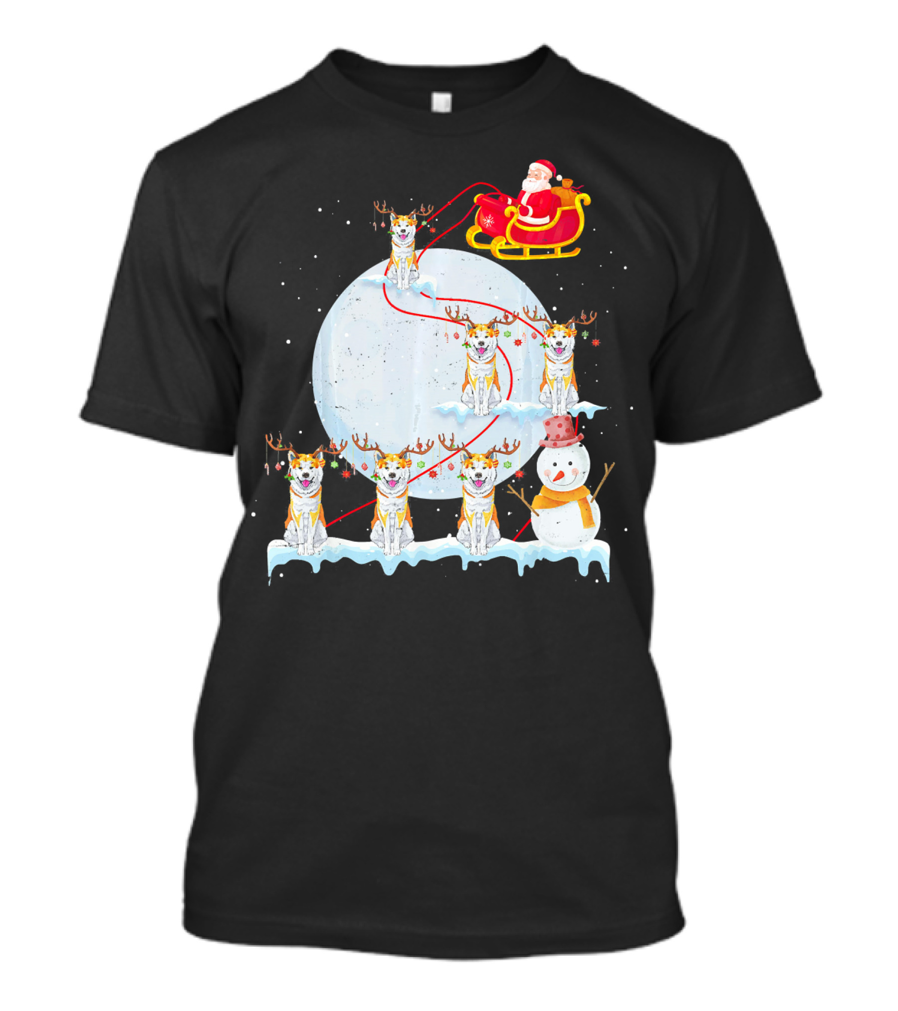 Funny Akita Christmas Santa Riding Akita Dogs In Sleigh Scene T-Shirt