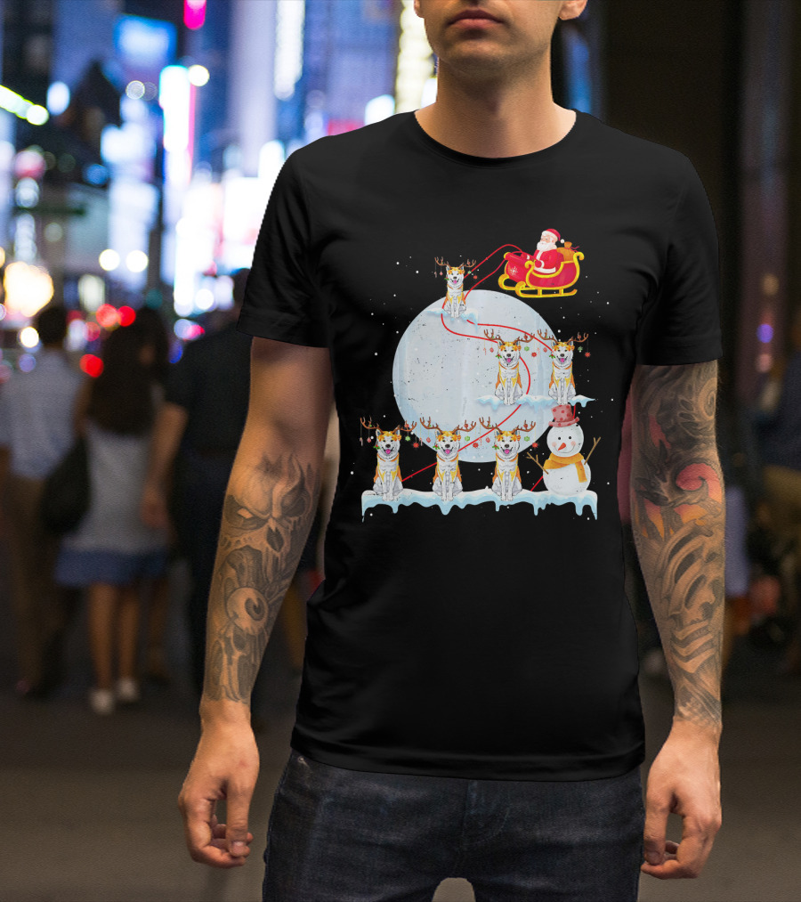 Funny Akita Christmas Santa Riding Akita Dogs In Sleigh Scene T-Shirt
