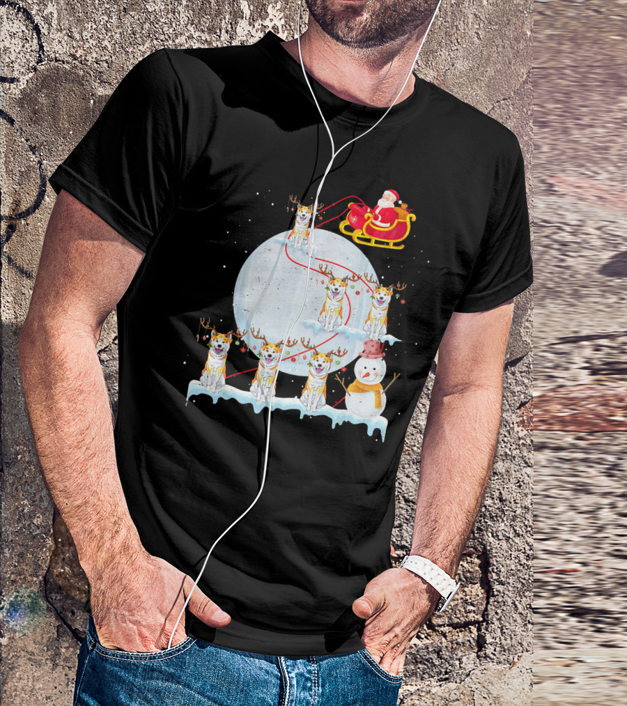 Funny Akita Christmas Santa Riding Akita Dogs In Sleigh Scene T-Shirt