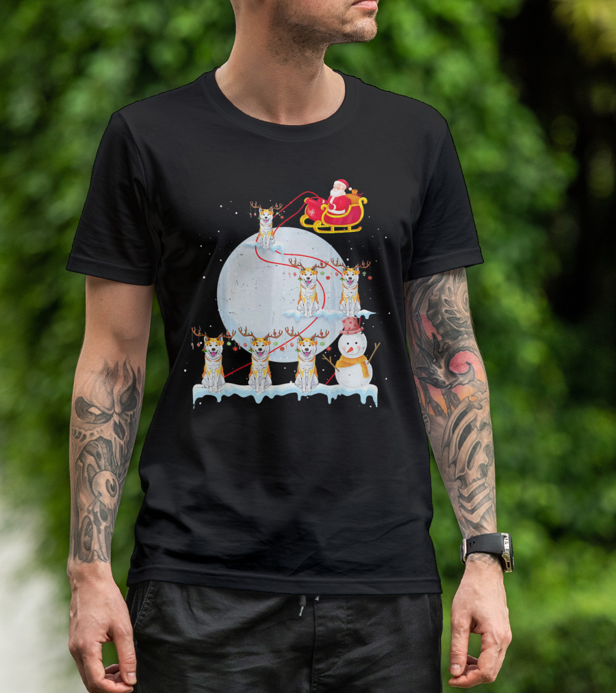Funny Akita Christmas Santa Riding Akita Dogs In Sleigh Scene T-Shirt