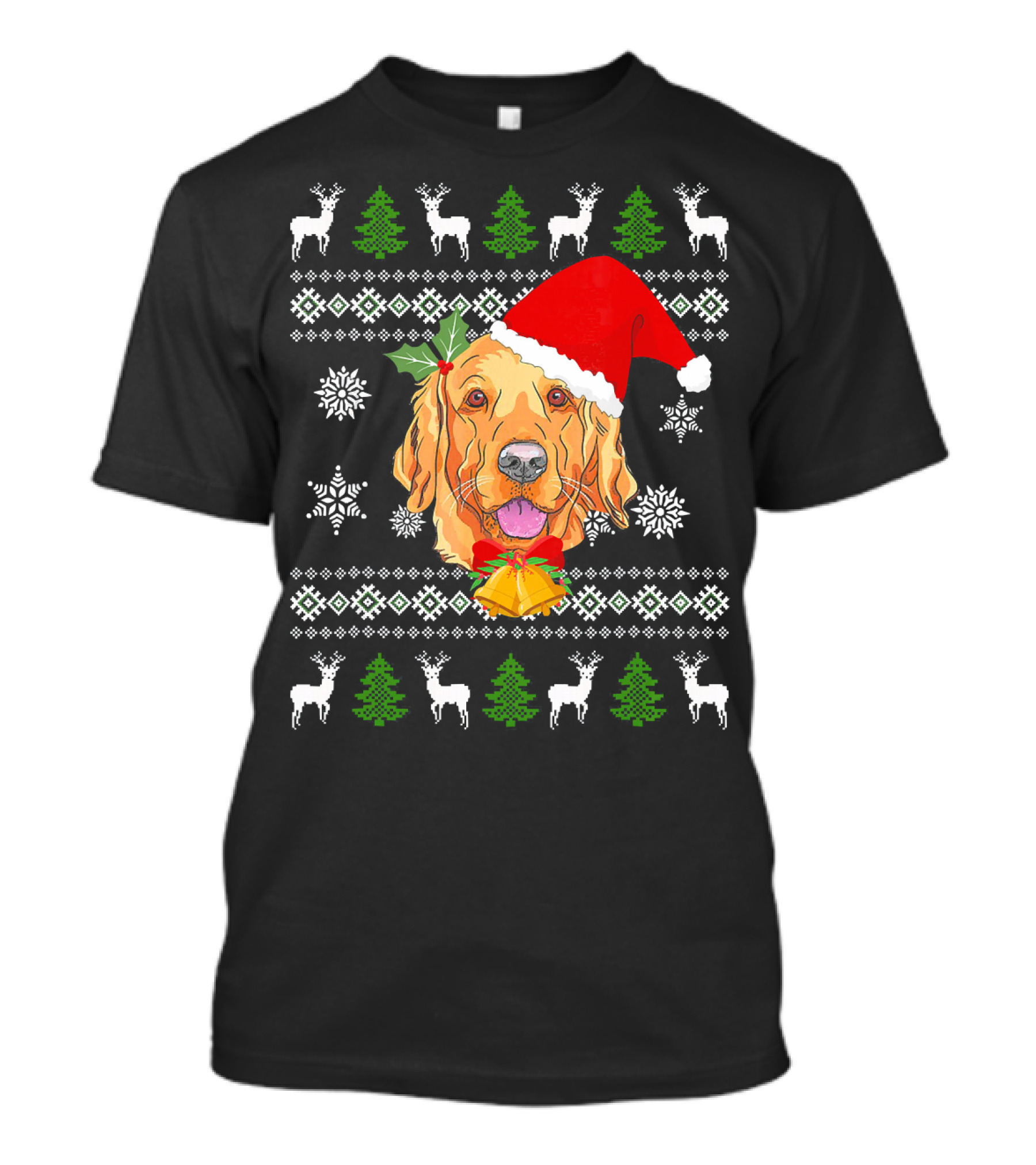 Golden Retriever Santa Hat Christmas Ugly Sweater Reindeer Snowflakes Trees T-Shirt