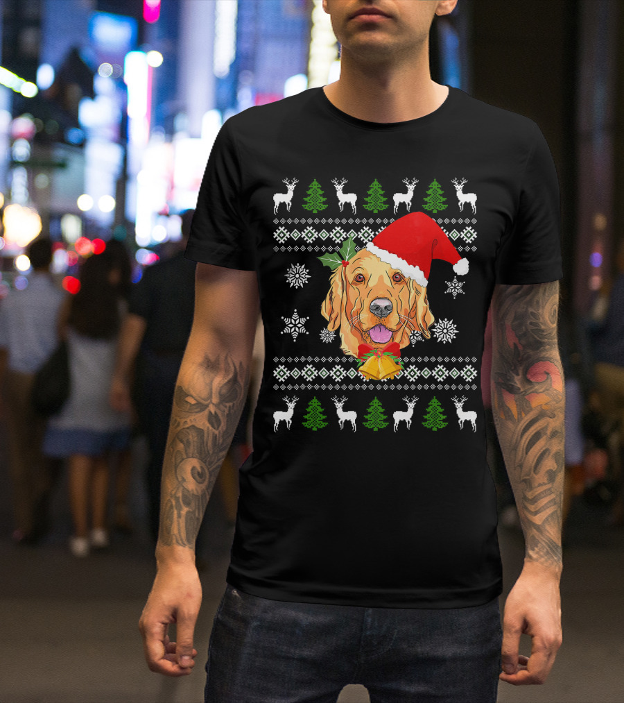 Golden Retriever Santa Hat Christmas Ugly Sweater Reindeer Snowflakes Trees T-Shirt
