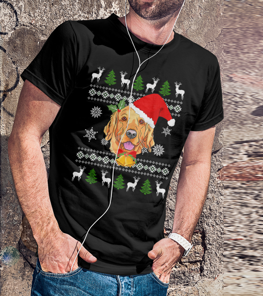 Golden Retriever Santa Hat Christmas Ugly Sweater Reindeer Snowflakes Trees T-Shirt