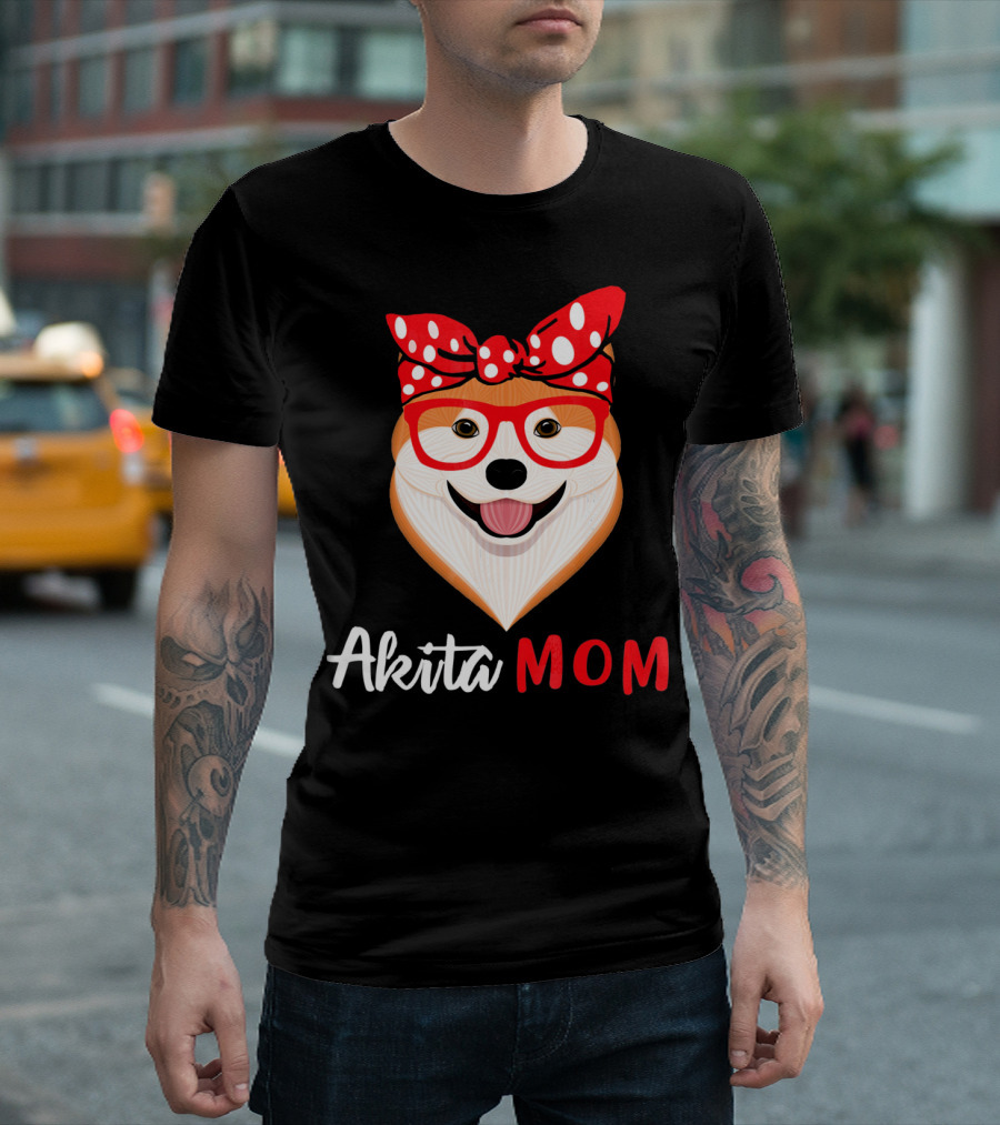 Akita Mom Red Glasses Polka Dot Bandana Dog Lovers Fashion T-Shirt