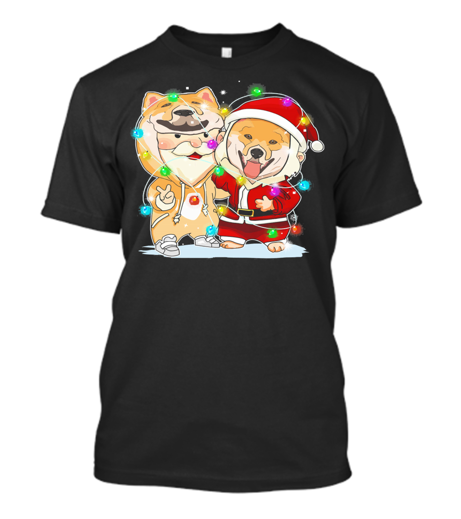Akita Dogs In Santa Outfits With Holiday Christmas Lights T-Shirt