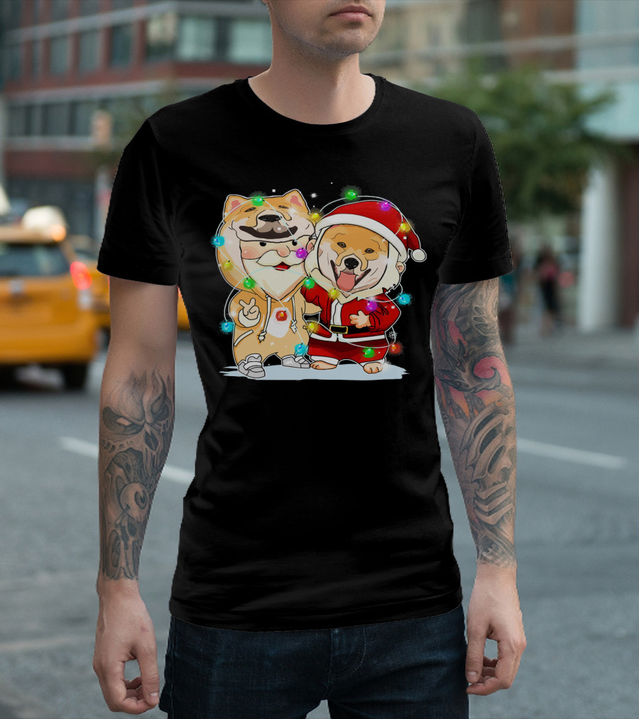 Akita Dogs In Santa Outfits With Holiday Christmas Lights T-Shirt