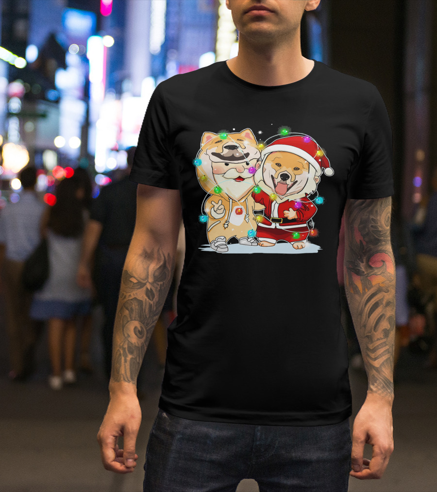Akita Dogs In Santa Outfits With Holiday Christmas Lights T-Shirt