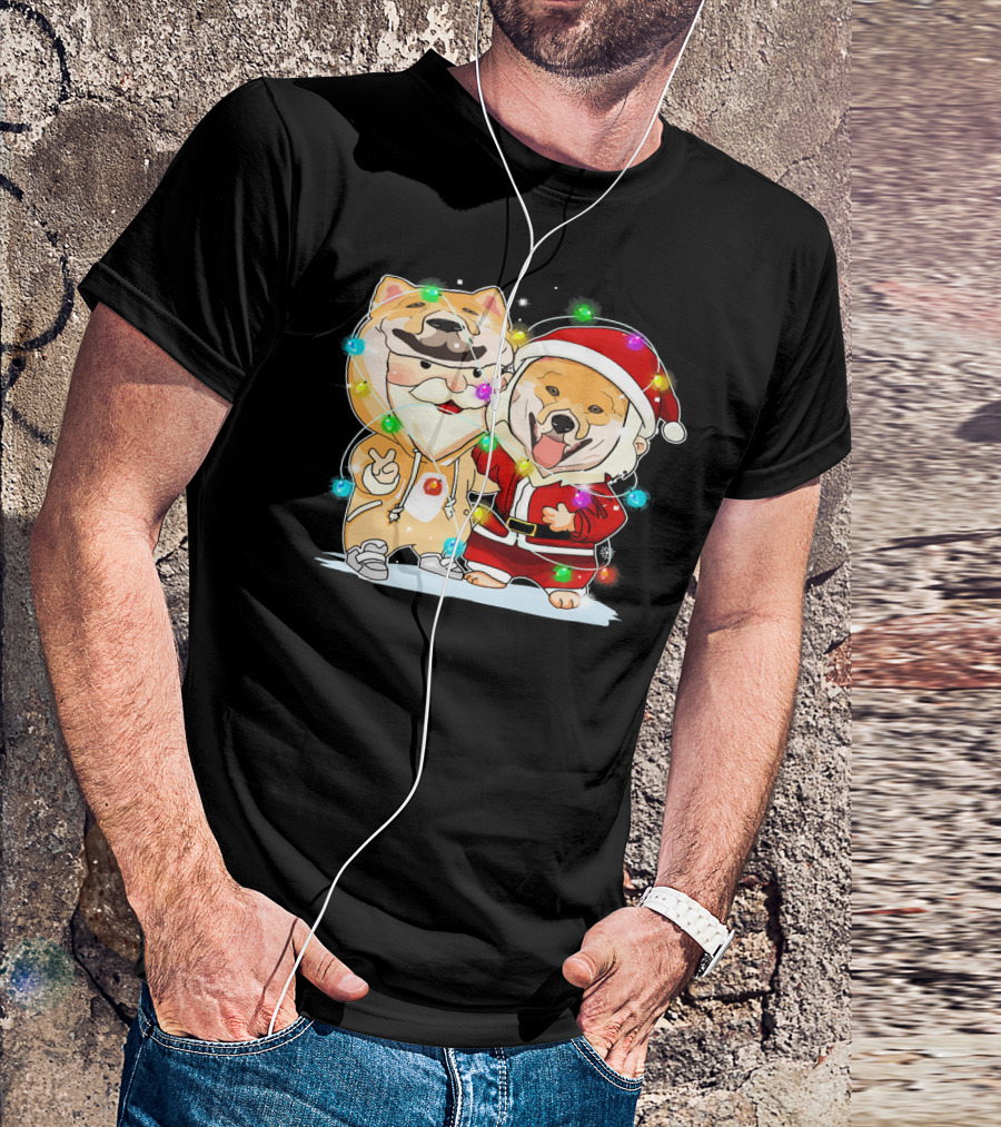 Akita Dogs In Santa Outfits With Holiday Christmas Lights T-Shirt
