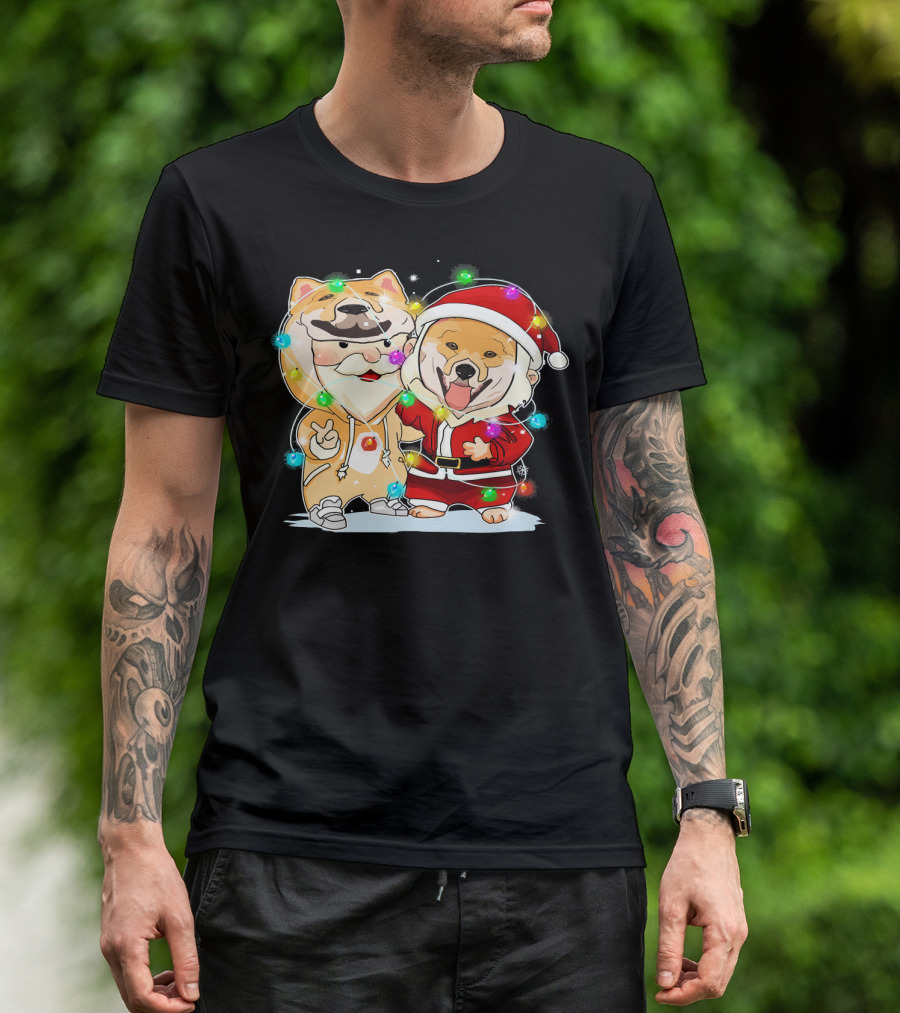 Akita Dogs In Santa Outfits With Holiday Christmas Lights T-Shirt