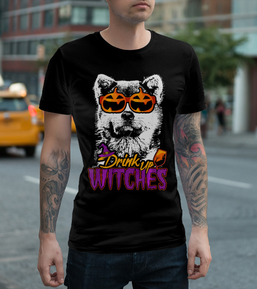 Akita Halloween Drink Up Witches Pumpkin Sunglasses T-Shirt