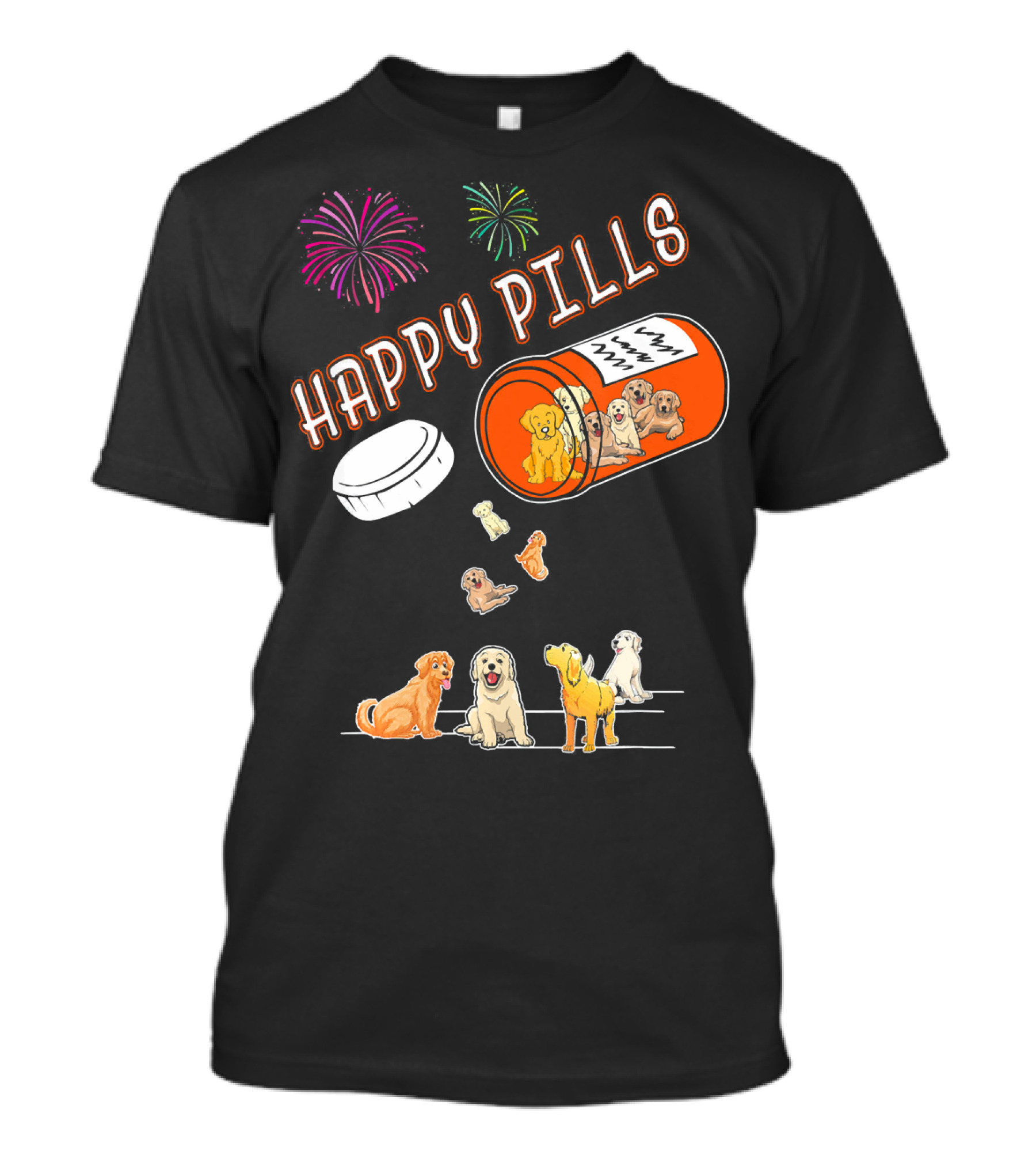 Happy Pills Dogs Fireworks Golden Retriever T-Shirt