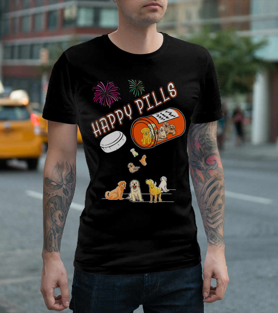 Happy Pills Dogs Fireworks Golden Retriever T-Shirt