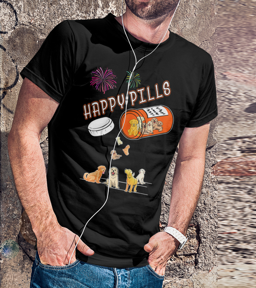 Happy Pills Dogs Fireworks Golden Retriever T-Shirt