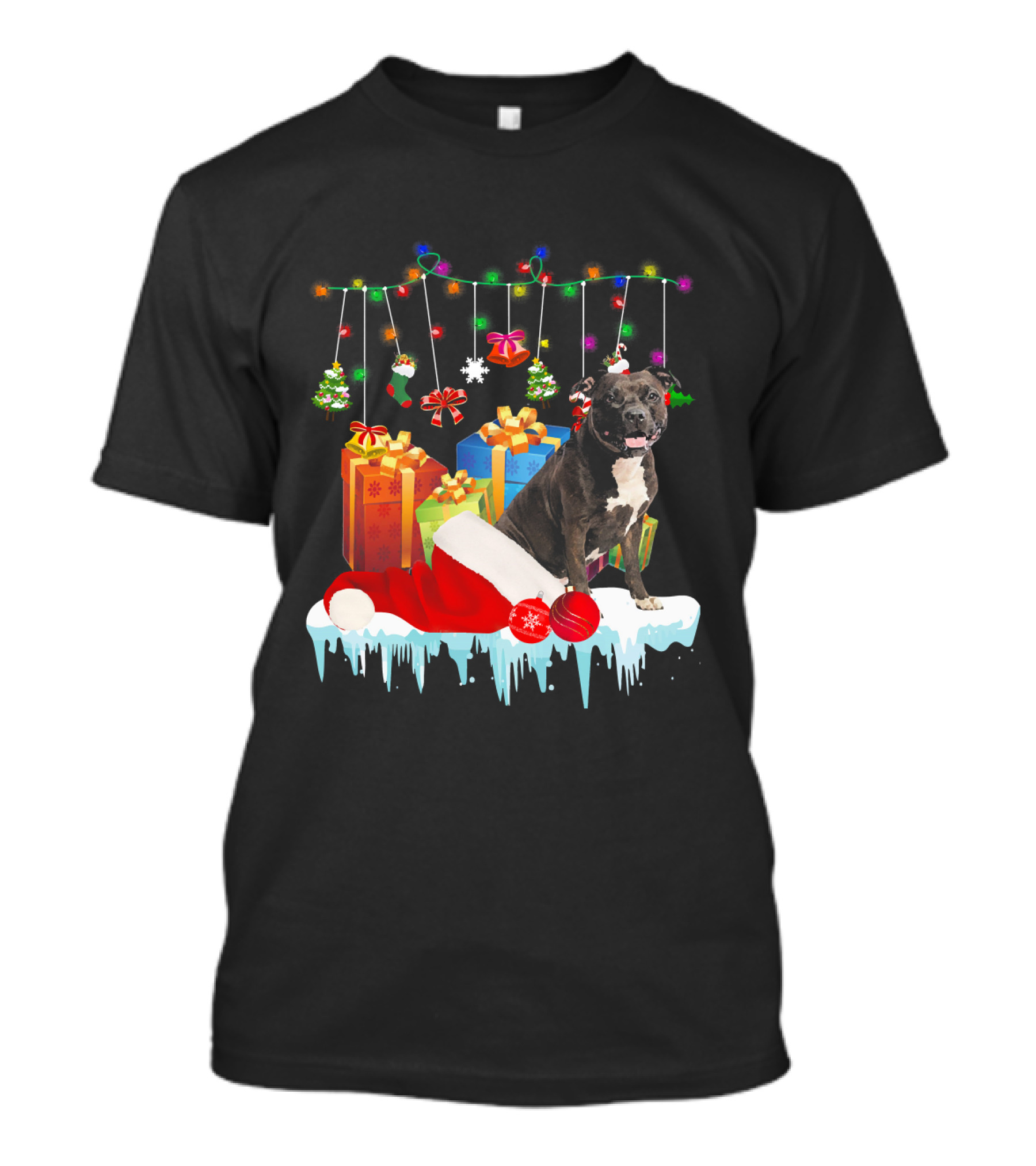 Funny Pit Bull Sitting With Santa Hat And Christmas Gifts T-Shirt
