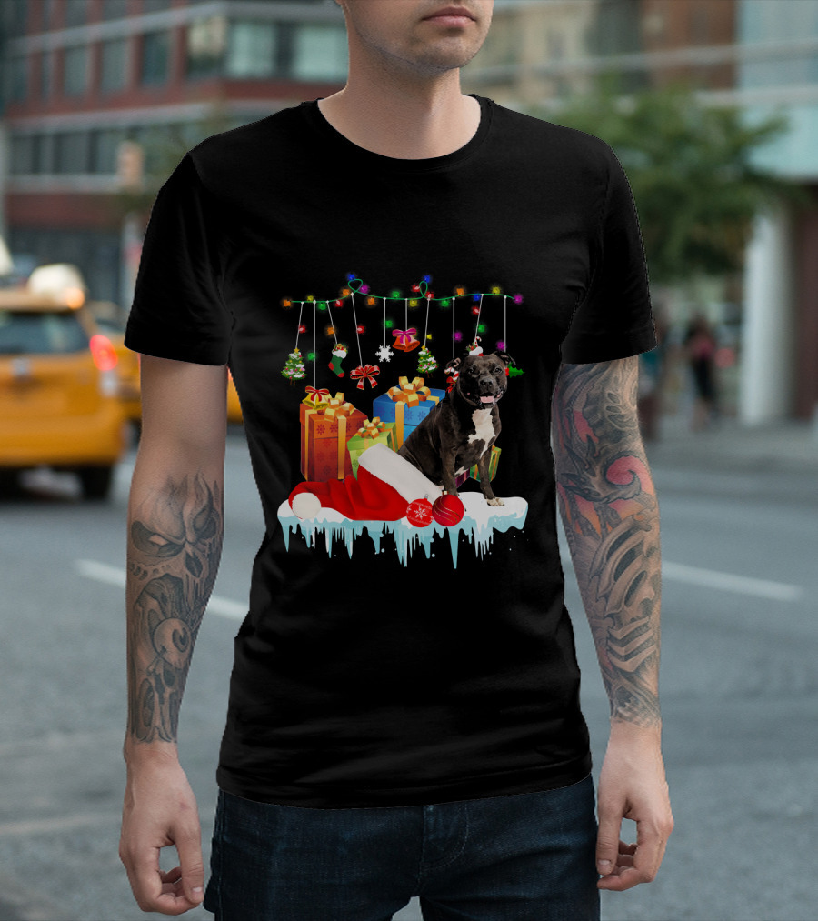Funny Pit Bull Sitting With Santa Hat And Christmas Gifts T-Shirt