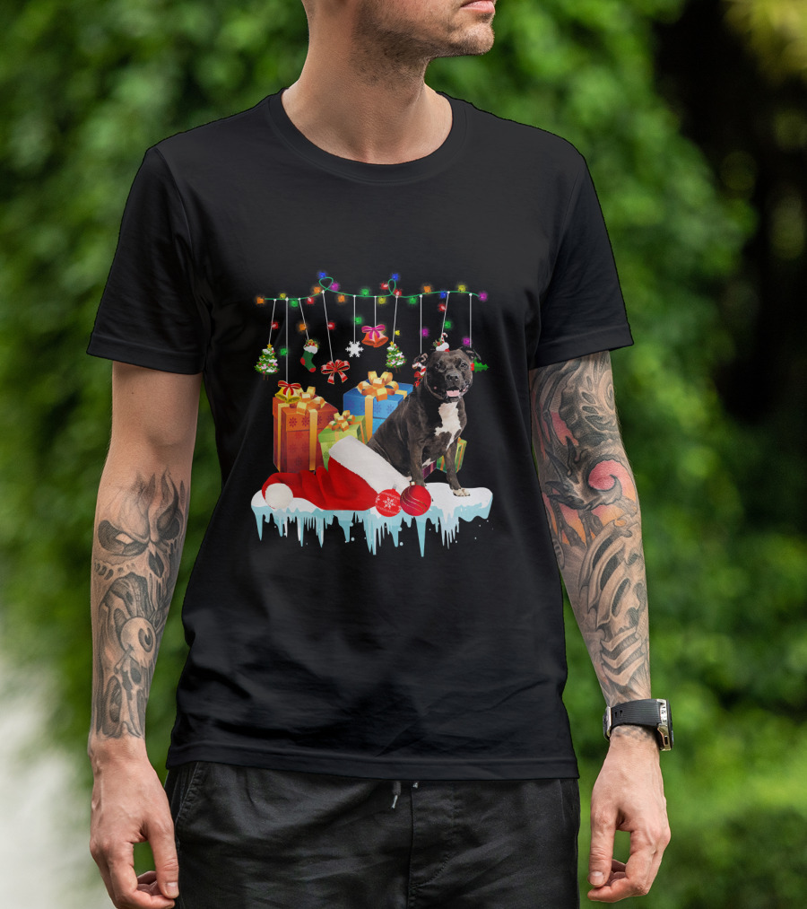Funny Pit Bull Sitting With Santa Hat And Christmas Gifts T-Shirt
