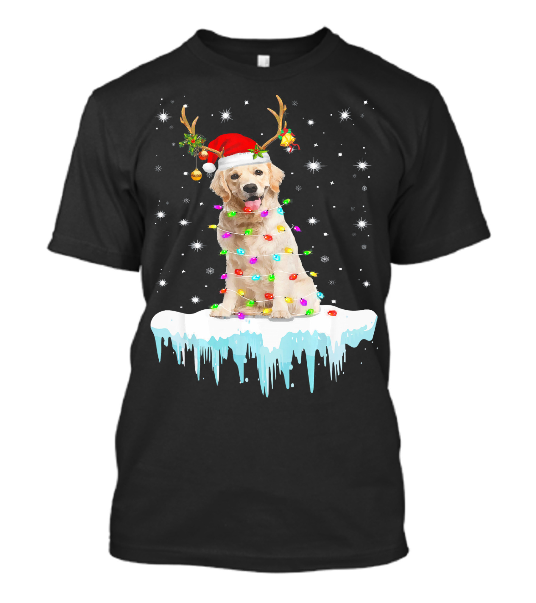 Golden Retriever Santa Hat Reindeer Horn Christmas Lights Snowflakes T-Shirt