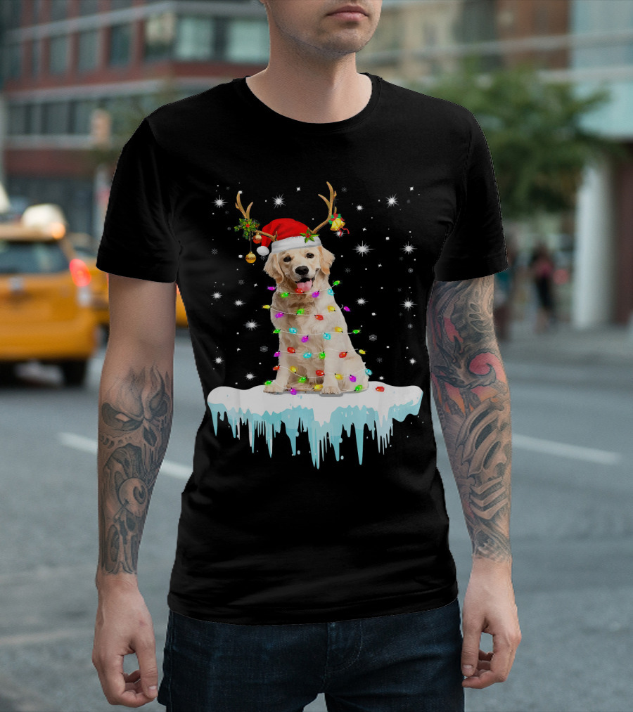 Golden Retriever Santa Hat Reindeer Horn Christmas Lights Snowflakes T-Shirt