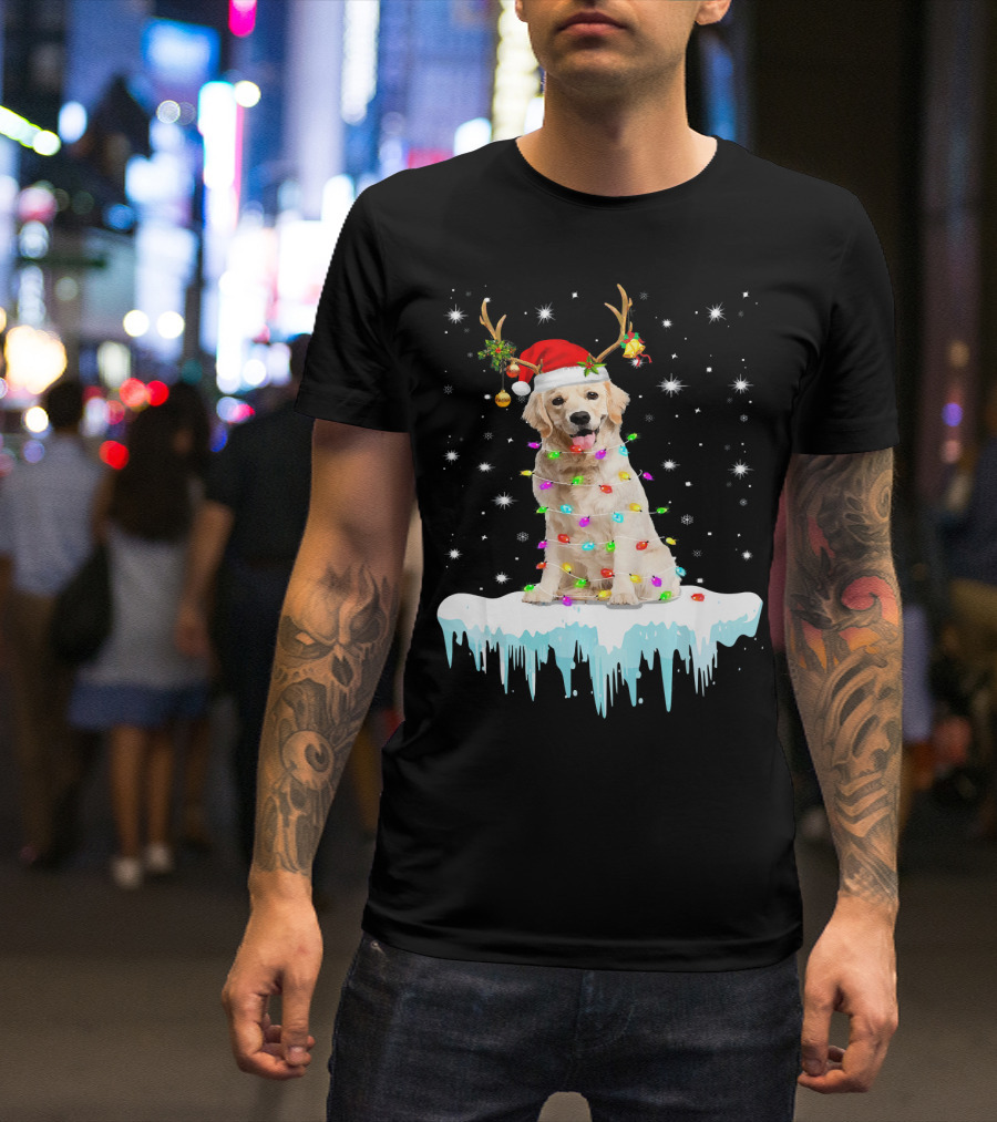 Golden Retriever Santa Hat Reindeer Horn Christmas Lights Snowflakes T-Shirt