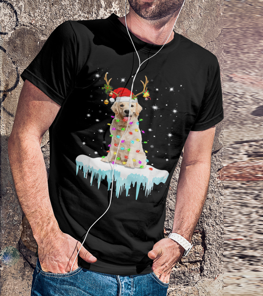 Golden Retriever Santa Hat Reindeer Horn Christmas Lights Snowflakes T-Shirt