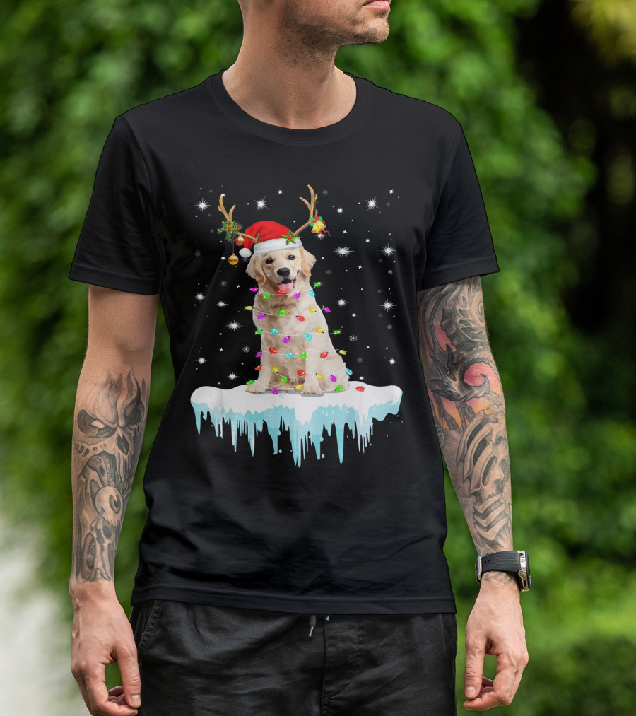 Golden Retriever Santa Hat Reindeer Horn Christmas Lights Snowflakes T-Shirt