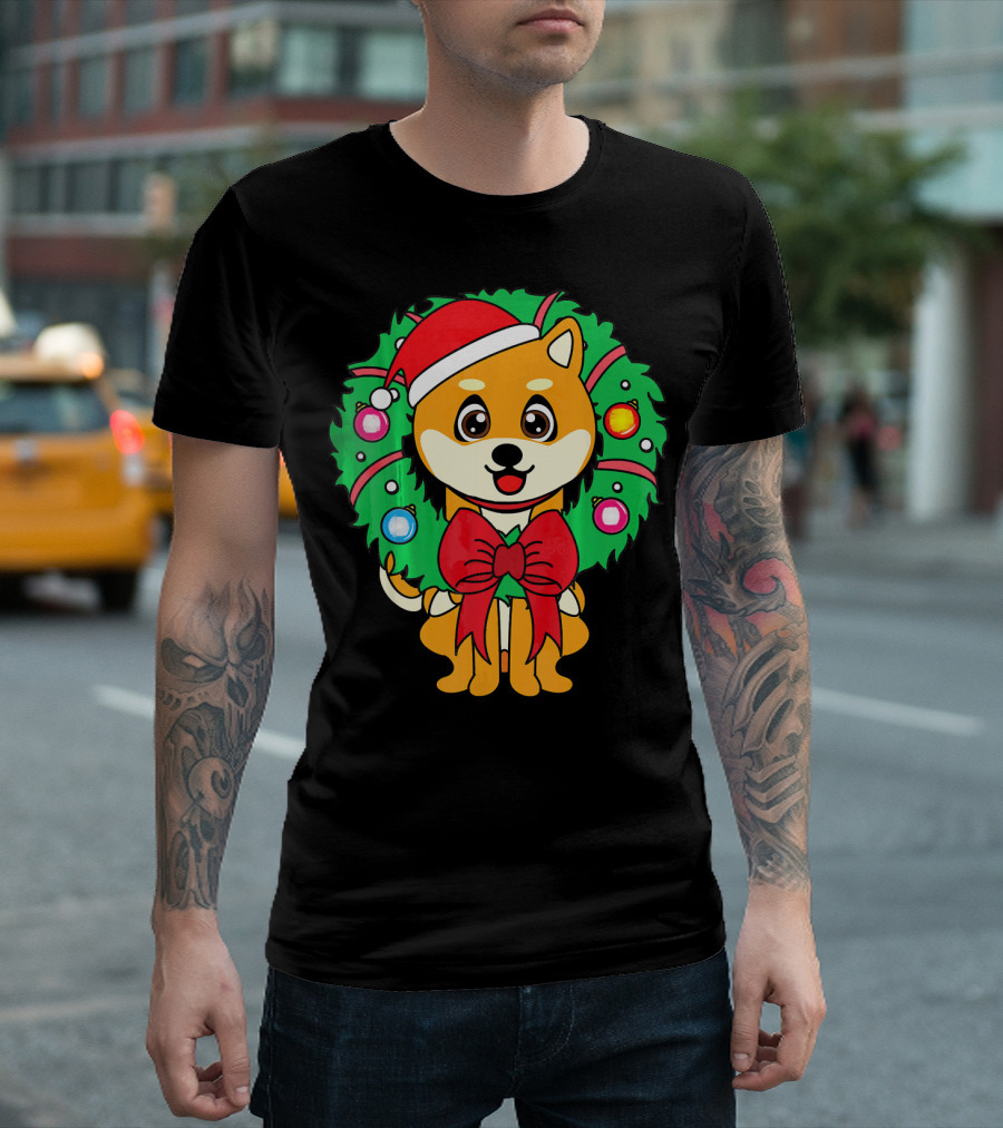 Akita in Santa Hat with Christmas Wreath T-Shirt