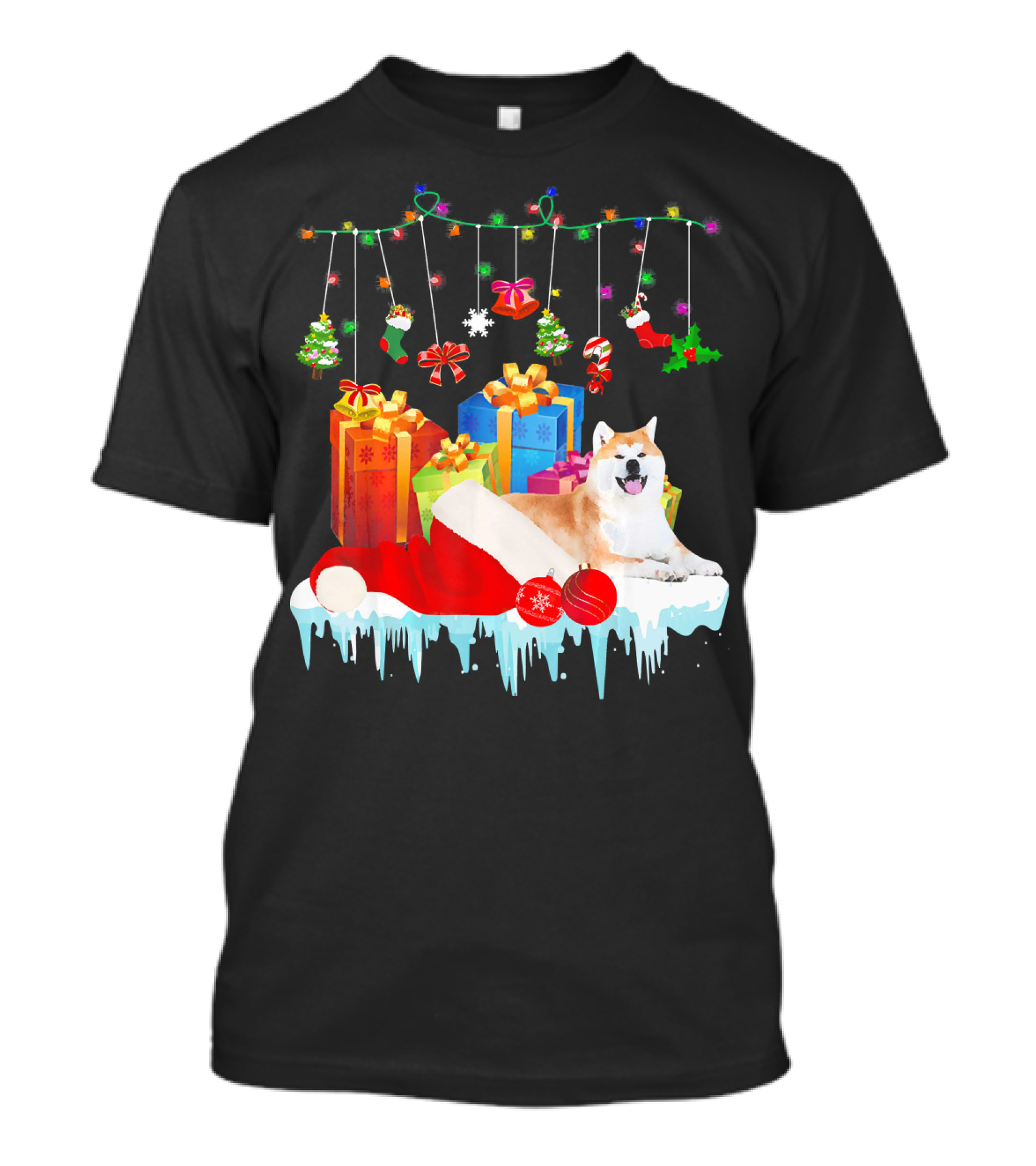 Funny Akita Dog With Christmas Gifts And Santa Hat Decorations T-Shirt