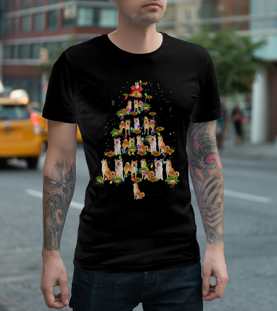 Cute Akita Dog Christmas Tree with Decorative Lights and Snowflakes T-Shirt