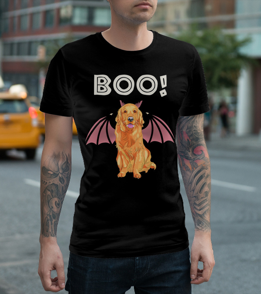 BOO Golden Retriever with Bat Wings Halloween Concept T-Shirt