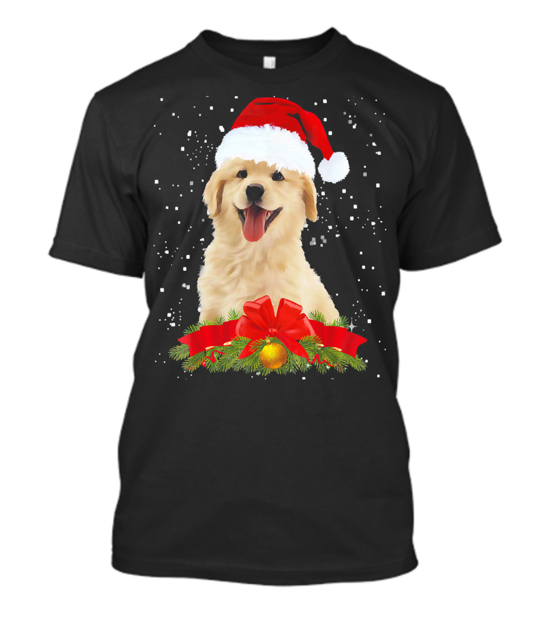 Golden Retriever With Santa Hat And Festive Ribbon T-Shirt
