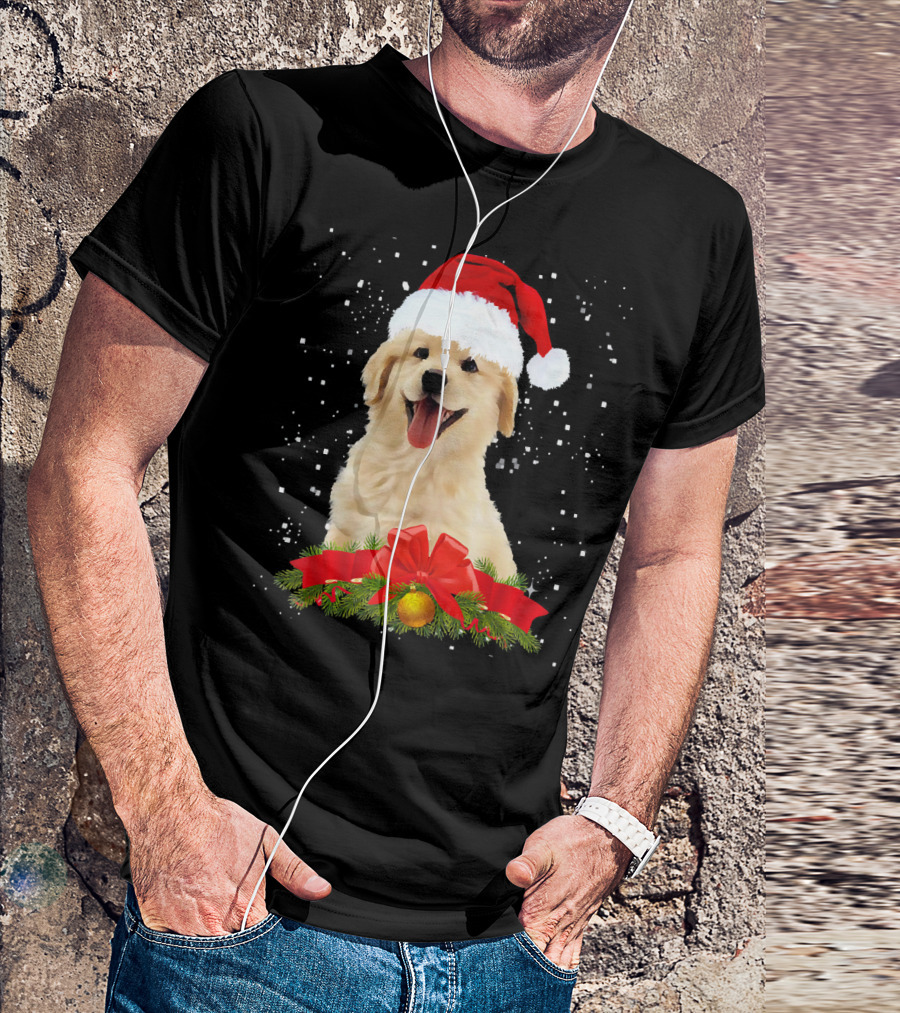 Golden Retriever With Santa Hat And Festive Ribbon T-Shirt