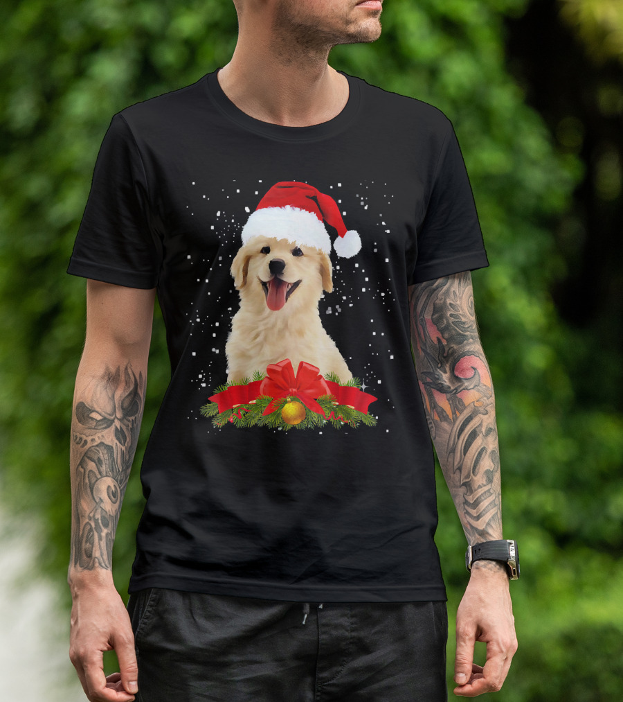 Golden Retriever With Santa Hat And Festive Ribbon T-Shirt
