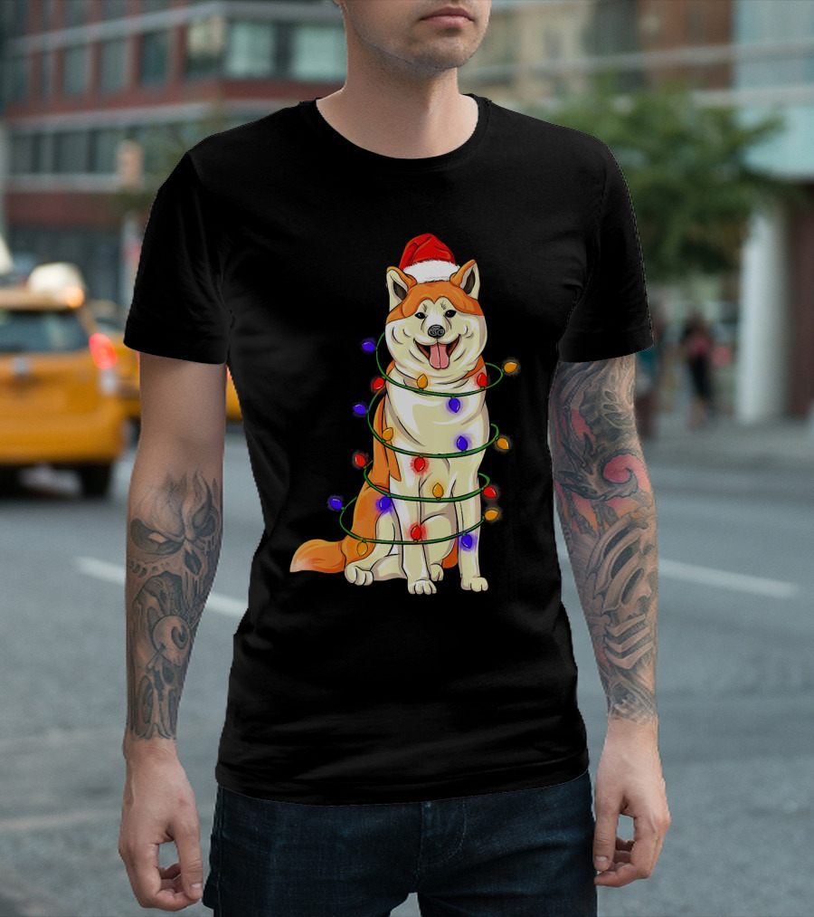 Akita Wrapped in Christmas Lights with Santa Hat T-Shirt