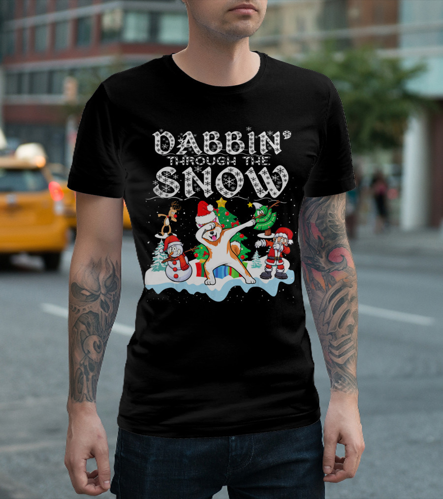 Akita Santa Dabbin' Through the Snow with Reindeer and Snowman T-Shirt