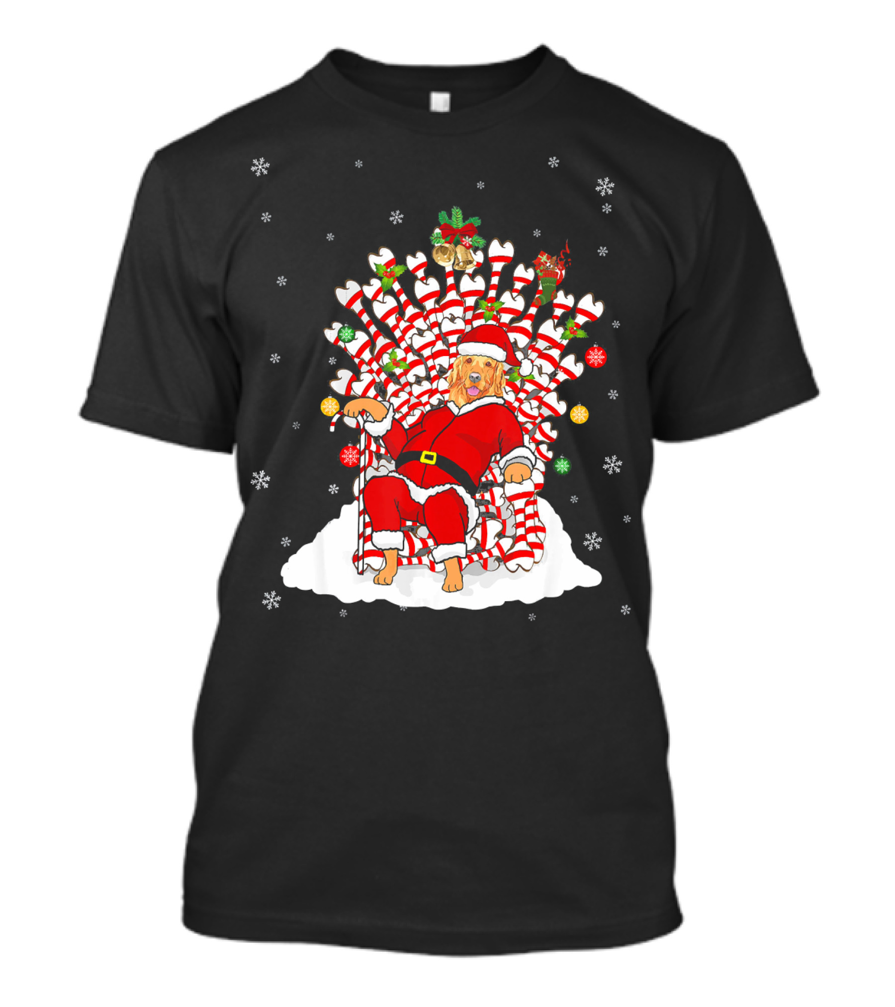 Golden Retriever Santa On Bone Throne With Christmas Decorations T-Shirt