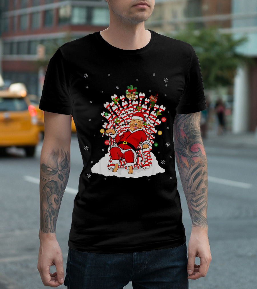 Golden Retriever Santa On Bone Throne With Christmas Decorations T-Shirt