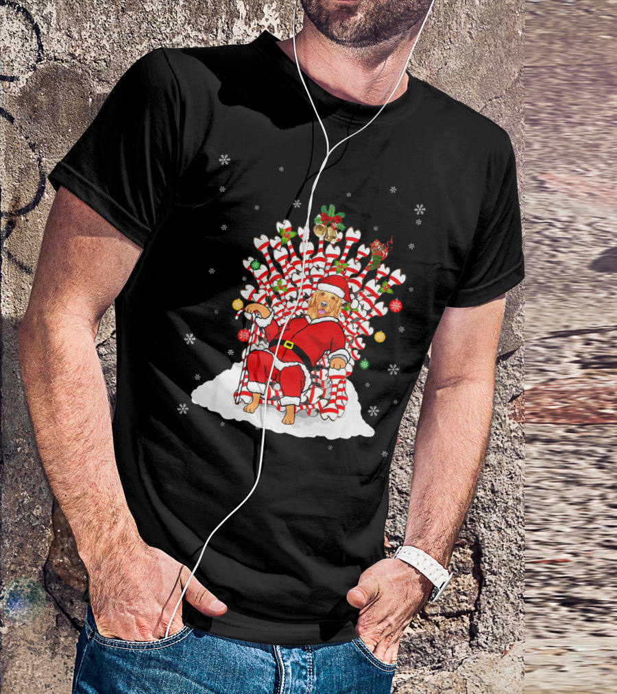 Golden Retriever Santa On Bone Throne With Christmas Decorations T-Shirt