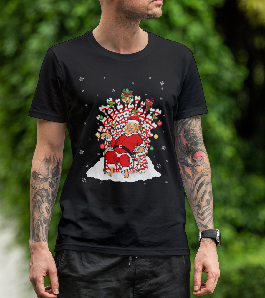 Golden Retriever Santa On Bone Throne With Christmas Decorations T-Shirt