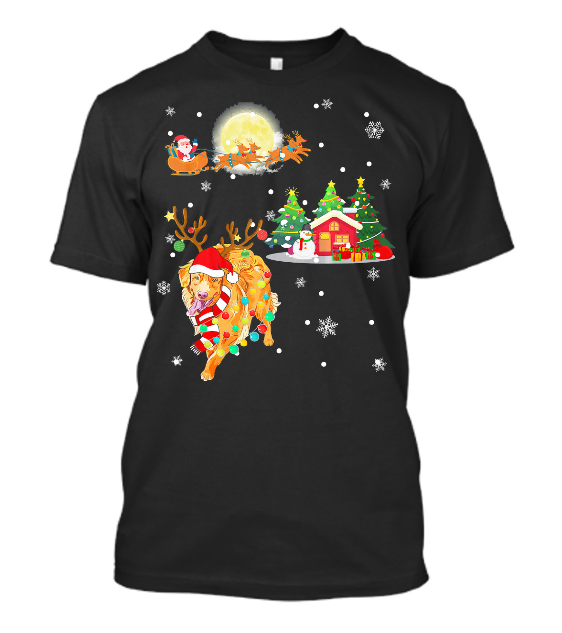 Golden Retriever Reindeer With Santa And Festive Christmas Scene T-Shirt