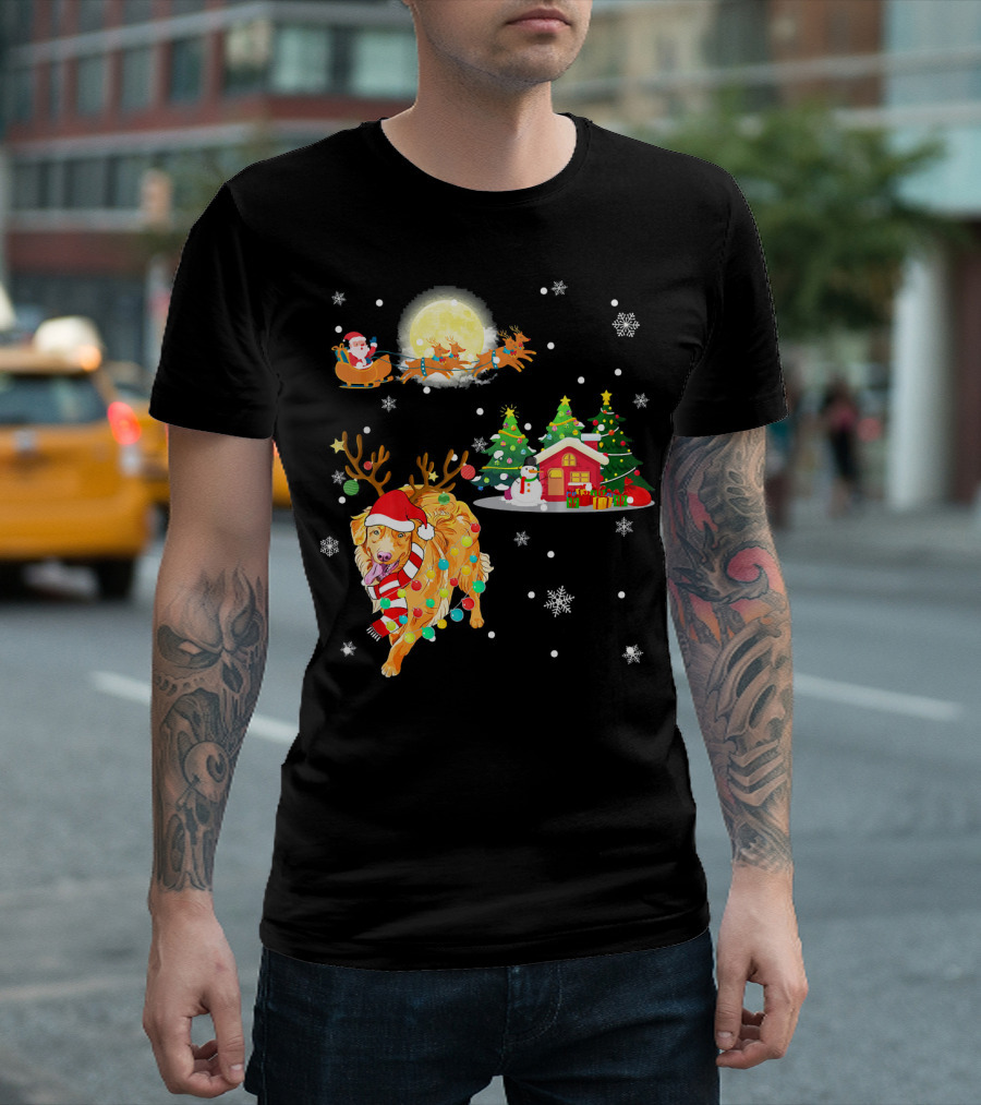 Golden Retriever Reindeer With Santa And Festive Christmas Scene T-Shirt