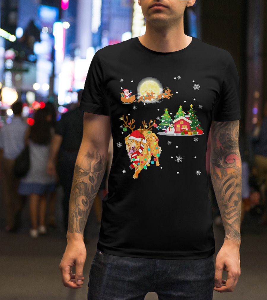 Golden Retriever Reindeer With Santa And Festive Christmas Scene T-Shirt