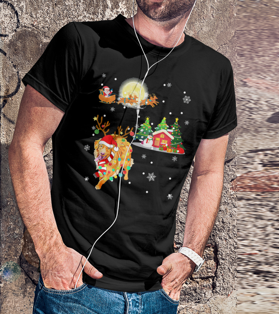 Golden Retriever Reindeer With Santa And Festive Christmas Scene T-Shirt