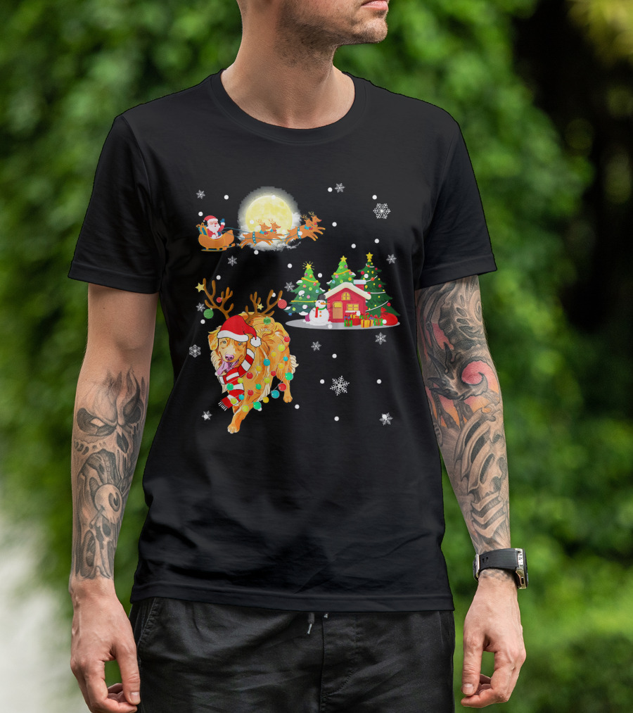 Golden Retriever Reindeer With Santa And Festive Christmas Scene T-Shirt
